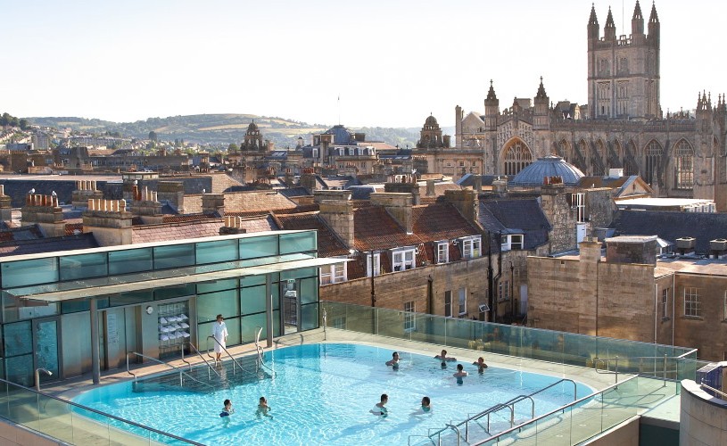 View of the Thermae Bath Spa rooftop pool and Bath Skyline